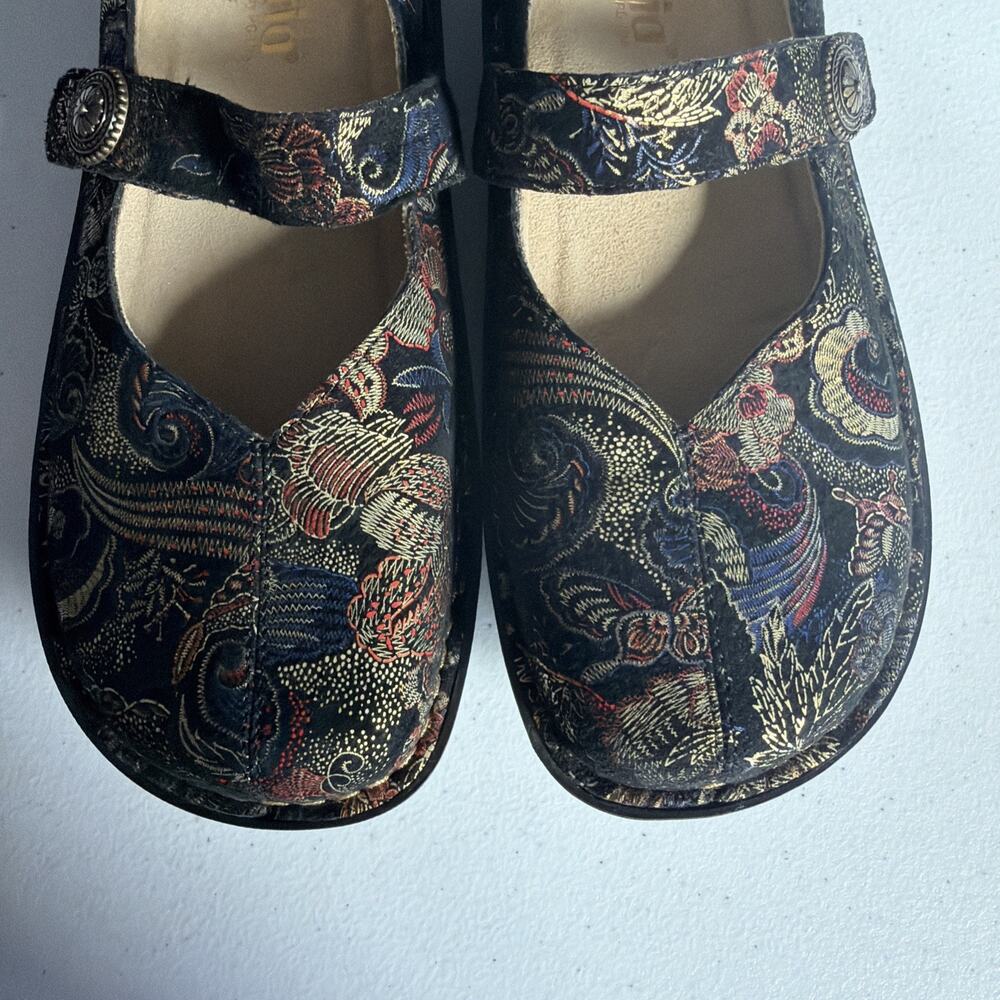 Alegria Mary Jane Shoes 8.5 EU 39 Black Embossed Leather Tweed Academia Everyday - Picture 7 of 10